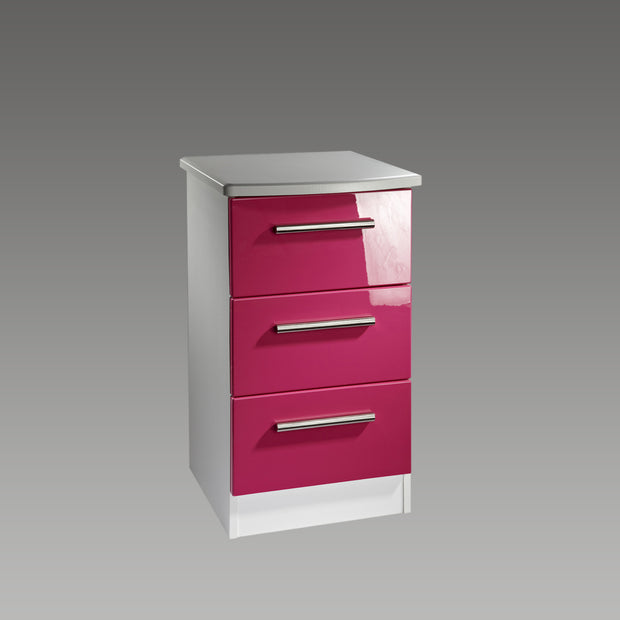 Chelsea 3 Drawer bedside chest. (Pink Gloss, White Unit)